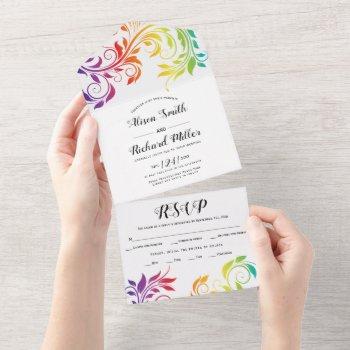 rainbow colors scroll leaf gay, lesbian wedding all in one invitation