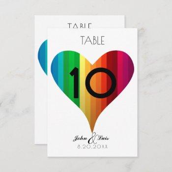 Small Rainbow Heart Wedding Table Number Front View