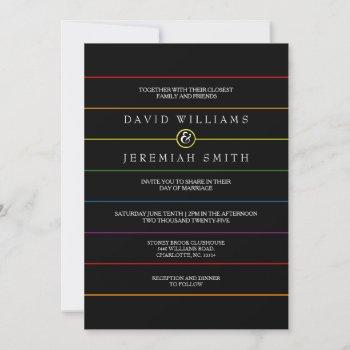 rainbow pinstripe pride on black lgbt wedding invitation