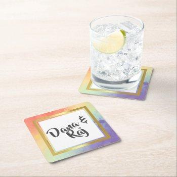 rainbow pride with gold frame wedding  square paper coaster