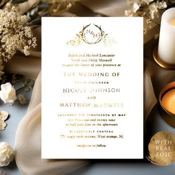 real gold foil elegant w/ parents monogram wedding foil invitation