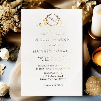 real gold foil elegant wreath monogram wedding foil invitation