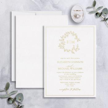 real gold foil leafy crest monogram wedding foil invitation