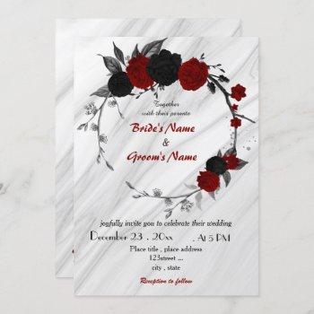 red and black floral wreath wedding invitation