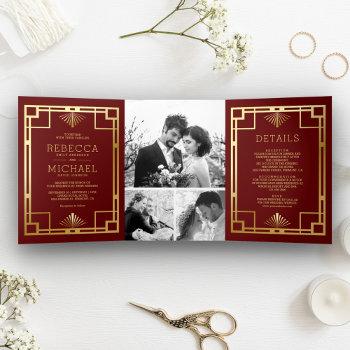 red and gold art deco photo collage wedding tri-fold invitation