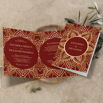 red and gold ethnic mandala indian wedding invitation