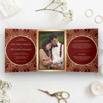 red and gold ethnic mandala indian wedding tri-fold invitation