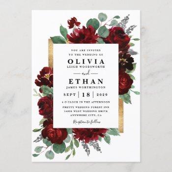 red and gold floral rustic elegant white wedding invitation