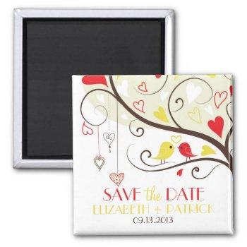 red and yellow love birds save the date magnet