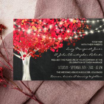 Small Red Autumn Tree & String Lights Wedding Front View