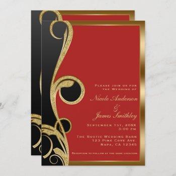 red black & gold modern glam elegant swirl wedding invitation