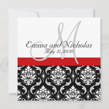 red black white monogram damask wedding invite