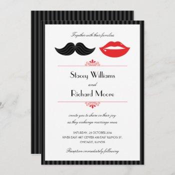 red, black & white mustache & lips wedding invitation