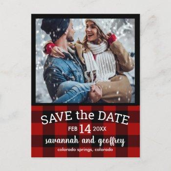 Small Red Buffalo Plaid Photo Wedding Save The Date Announcement Post Front View