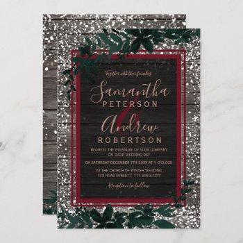 red burgundy typography leaf snow wood wedding invitation