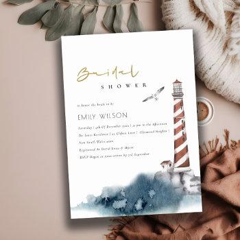 Small Red Dusky Blue Lighthouse Sea Baby Shower Invite Front View