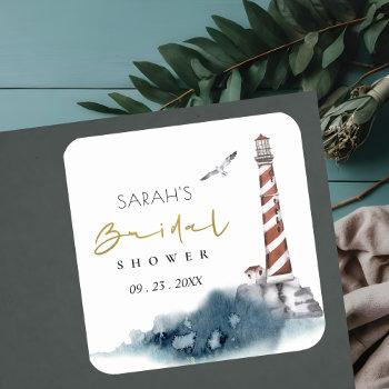 Small Red Dusky Blue Lighthouse Sea Baby Shower Square Sticker Front View