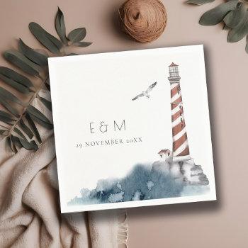 Small Red Dusky Blue Lighthouse Sea Monogram Wedding Napkins Front View