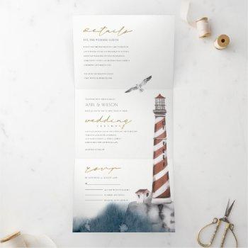 red dusky blue lighthouse sea watercolor wedding tri-fold invitation