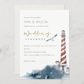 red dusky blue lighthouse sea waves wedding invite