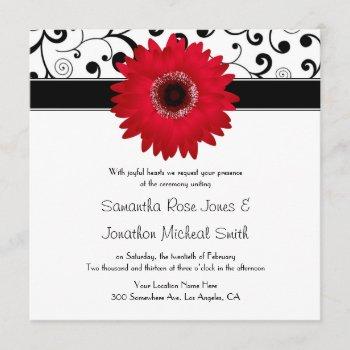 red gerbera daisy with black scroll design wedding invitation