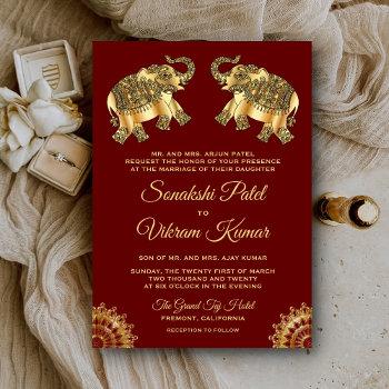 red gold ethnic elephants indian wedding invite