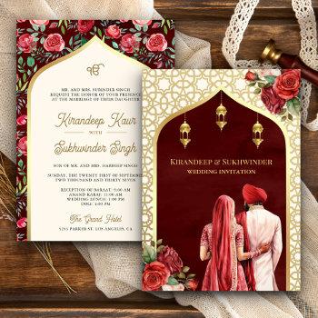 Small Red Gold Roses Floral Anand Karaj Sikh Wedding Front View