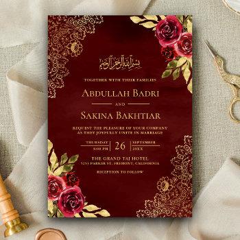 red maroon floral gold lace qr code muslim wedding invitation