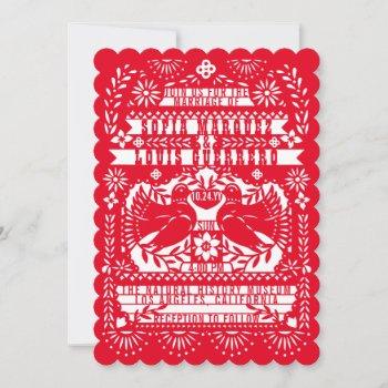 red mexican fantail doves papel picado wedding invitation