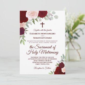 red & pink boho roses modern catholic wedding invitation