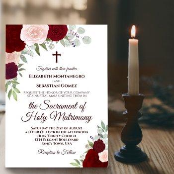 red & pink boho roses modern catholic wedding invitation