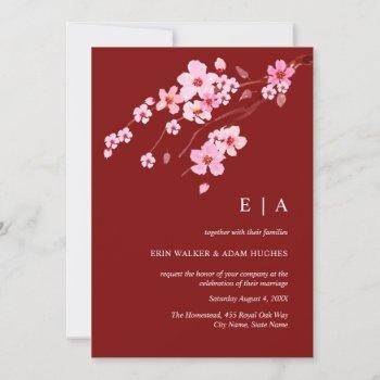 red pink watercolor cherry blossom wedding invitation