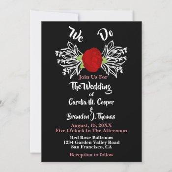 red rose white floral romantic boho black wedding invitation