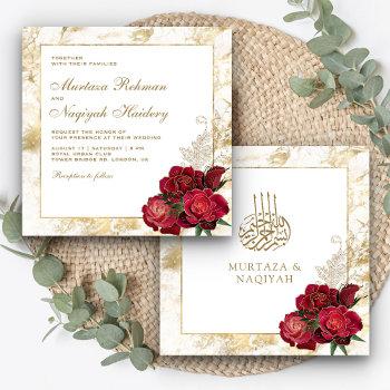 red roses and gold marble islamic muslim wedding invitation