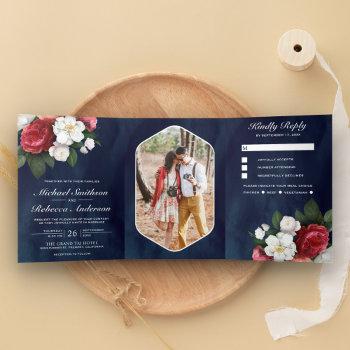 red roses and white magnolia navy blue wedding tri-fold invitation