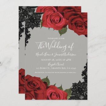 red roses & black lace grey chic wedding invitation