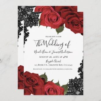 red roses & black lace white chic wedding  invitation