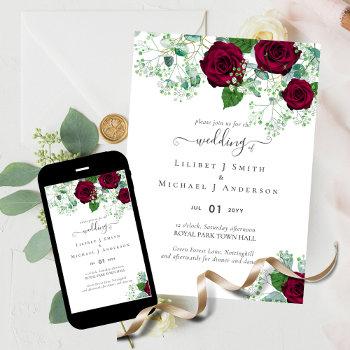 red roses eucalyptus printed or digital wedding invitation