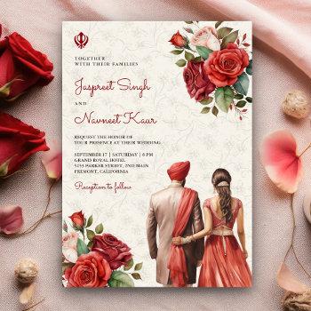 red roses floral indian punjabi sikh wedding invitation