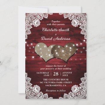 red rustic wood burlap lace string lights wedding invitation