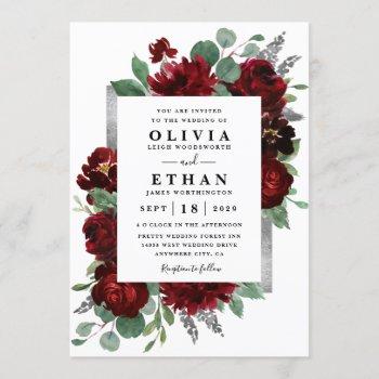 red & silver country burgundy rose winter wedding invitation