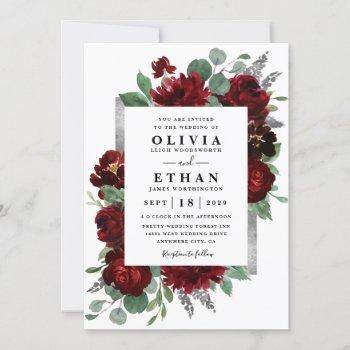 red & silver country burgundy rose winter wedding invitation