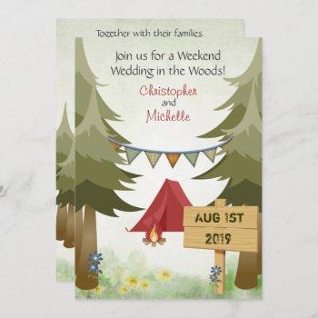 red tents and campfire woodland camping wedding invitation