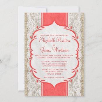 red vintage linen burlap lace wedding invitations