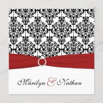 red, white, and black damask wedding invitation