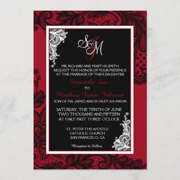 red white and black lace wedding invitation card