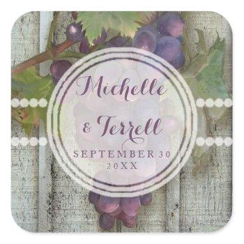 Small Red Wine Grapes On Vineyard Bard Wood Wedding Square Sticker Front View