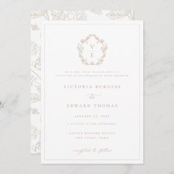 regency era beige crest monogram wedding invitation