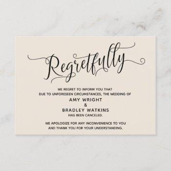 regretfully elegant cream canceled wedding card
