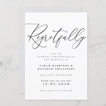 Small Regretfully Script Postponed Wedding Announcement Front View